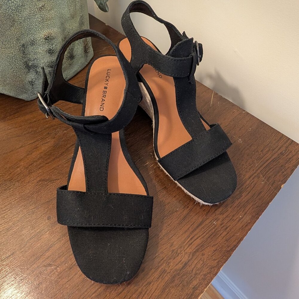 Lucky Brand Millinda Black Espadrille Wedge Sandals